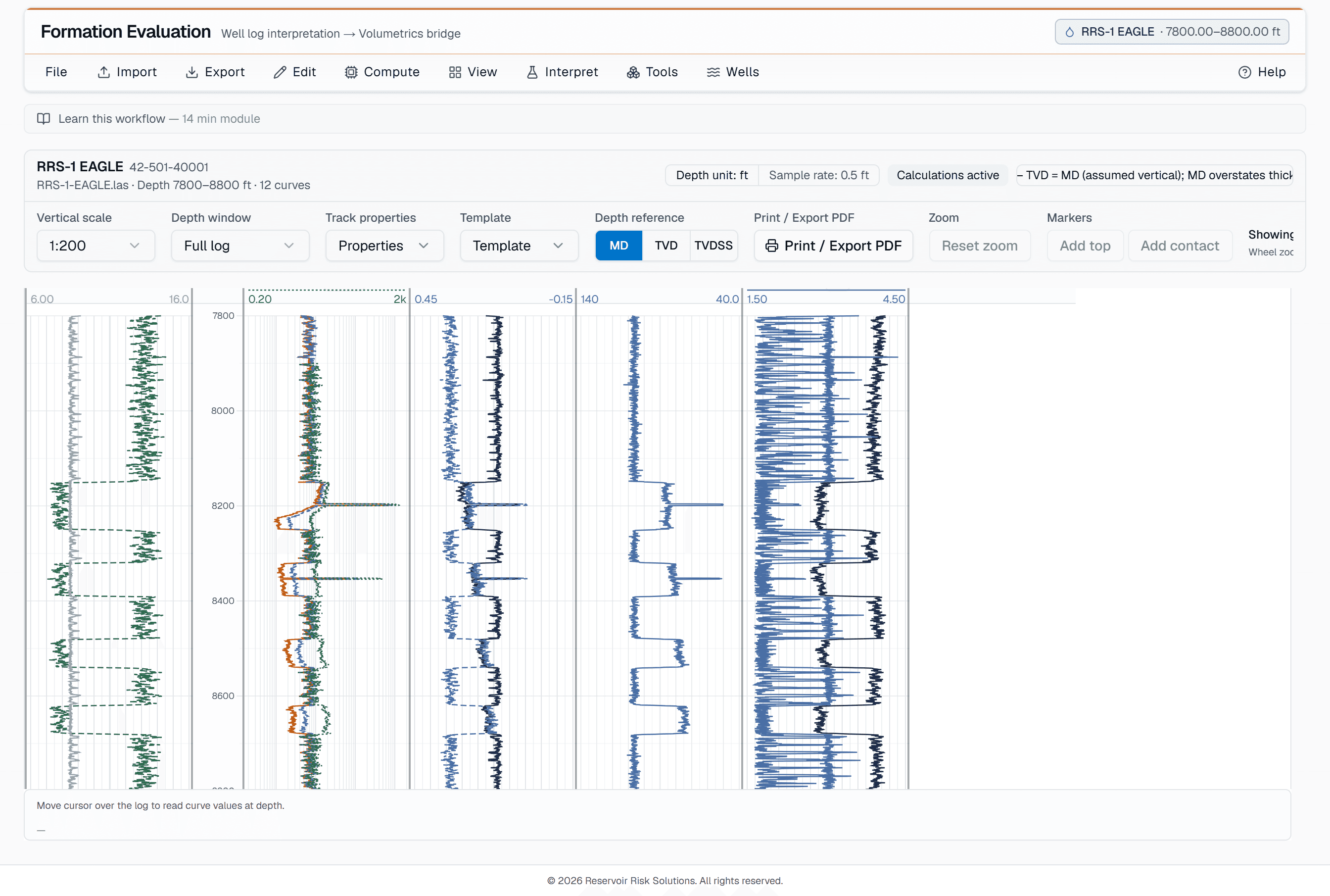 The Formation Evaluation workspace with a well loaded: five log tracks showing gamma ray, resistivity, neutron-density, sonic and bulk density over an 8,000 ft interval.
